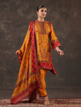Mustard yellow dola silk floral printed kurti set