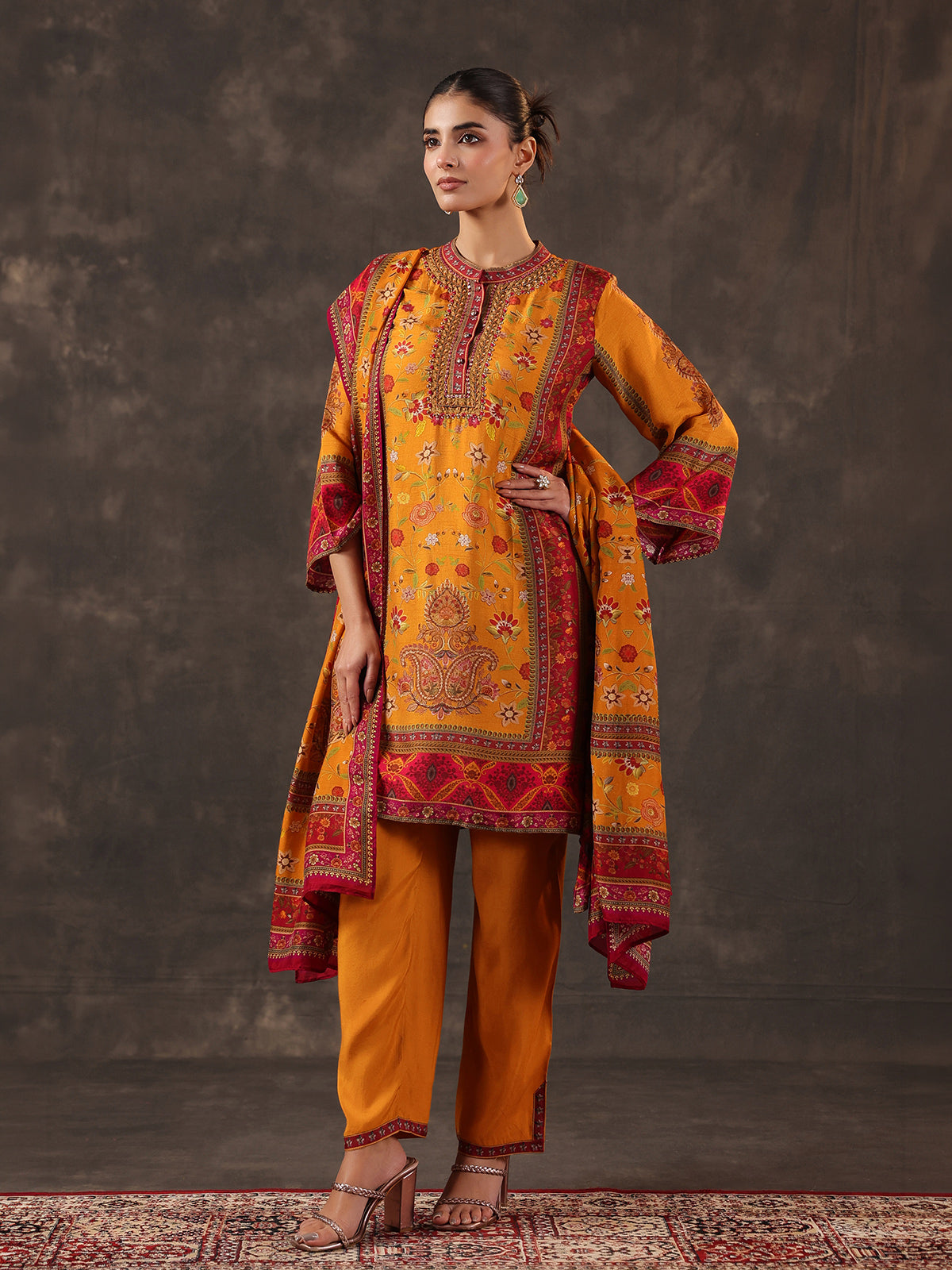 Mustard yellow dola silk floral printed kurti set