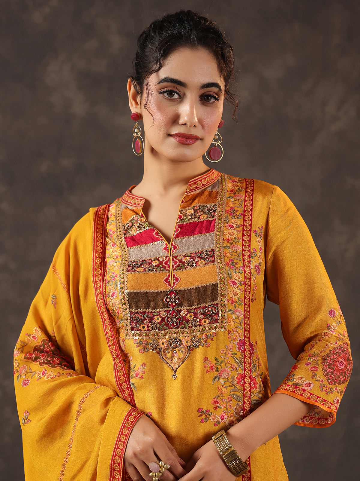 Mustard yellow russian silk printed yoke style kurti set