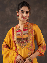 Mustard yellow russian silk printed yoke style kurti set