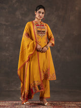 Mustard yellow russian silk printed yoke style kurti set