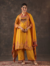 Mustard yellow russian silk printed yoke style kurti set
