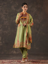 Pista green russian silk printed yoke style kurti set
