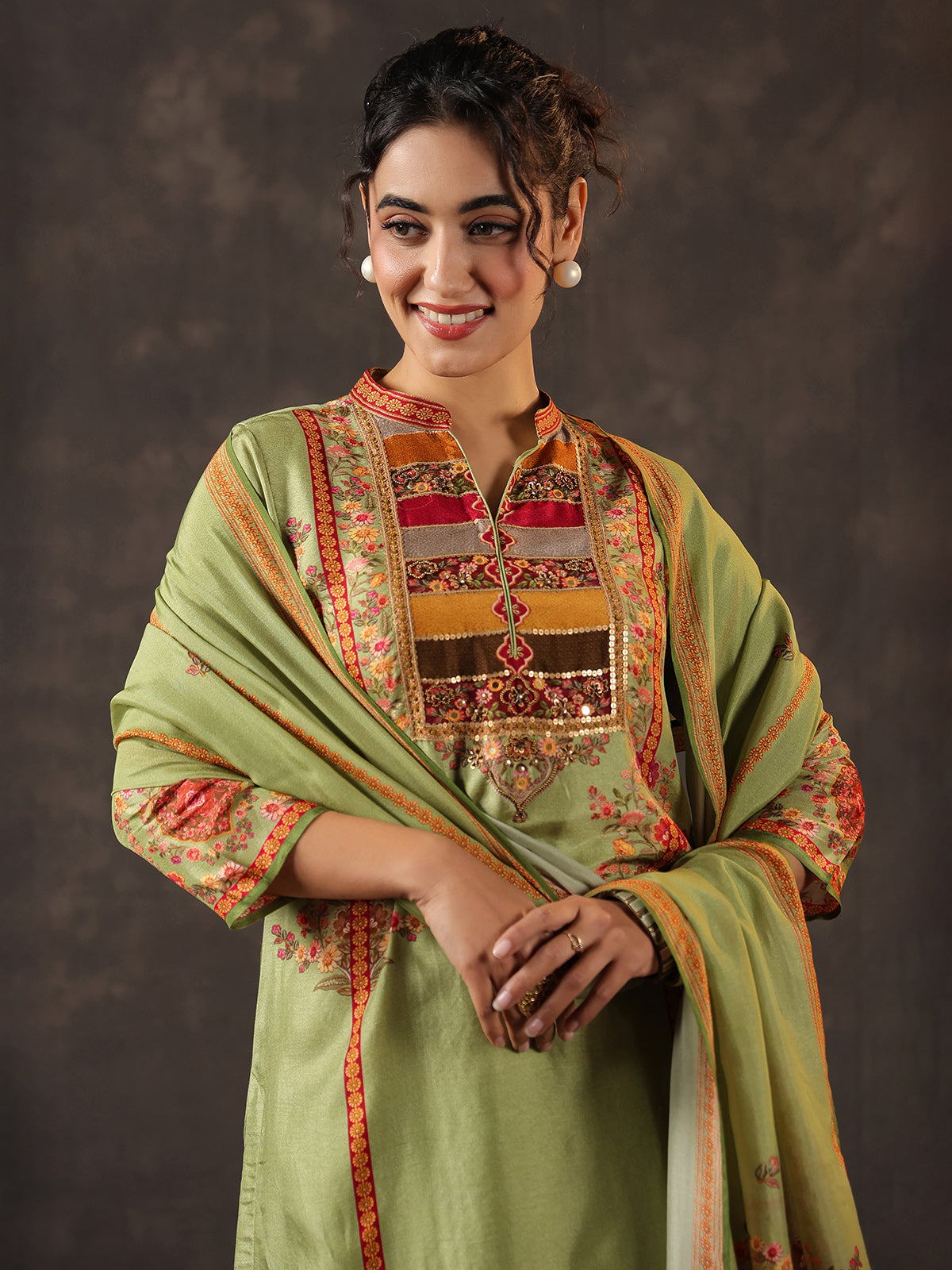 Pista green russian silk printed yoke style kurti set