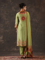 Pista green russian silk printed yoke style kurti set