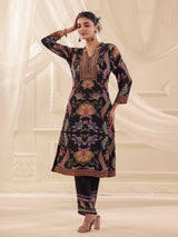 Black viscose crepe printed yoke style kurti set