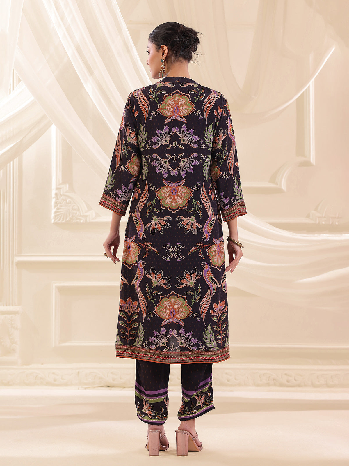 Black viscose crepe printed yoke style kurti set