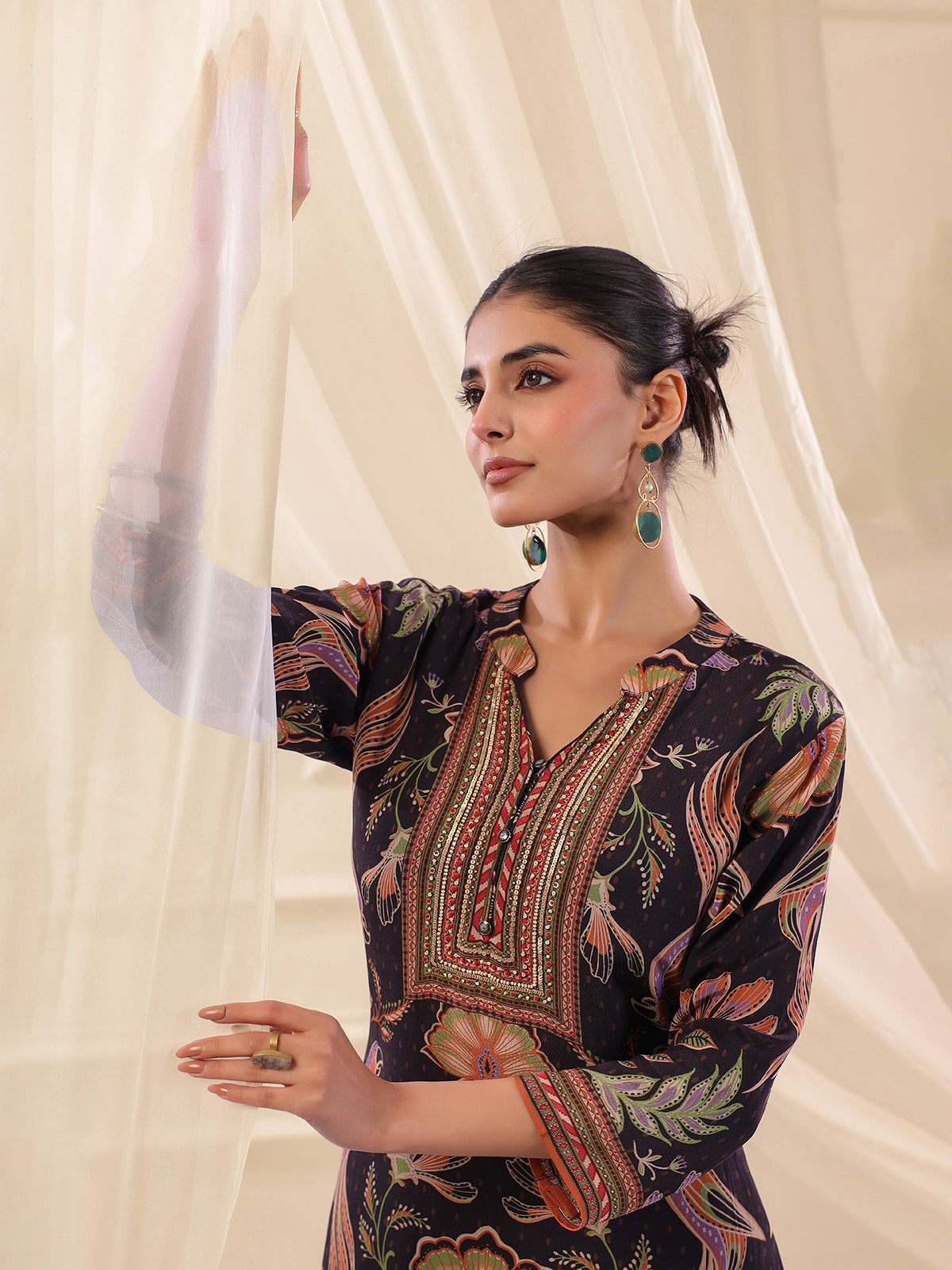 Black viscose crepe printed yoke style kurti set