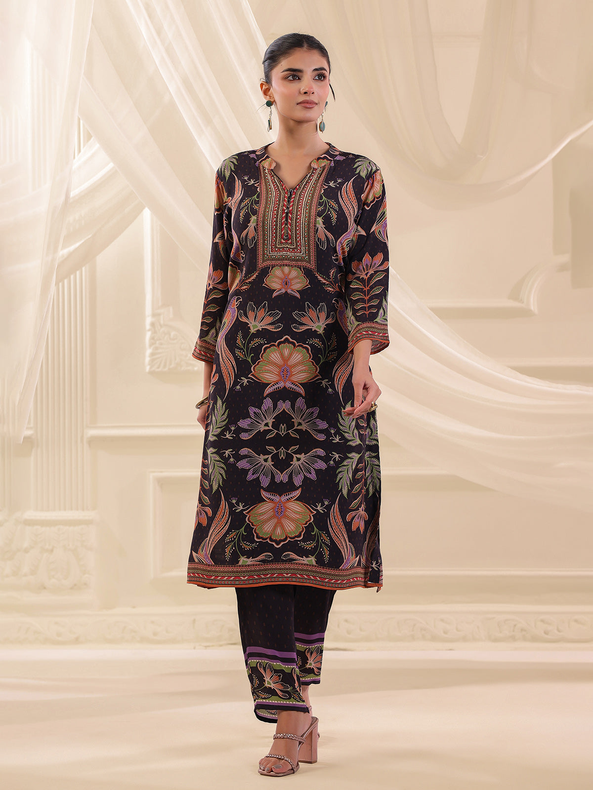 Black viscose crepe printed yoke style kurti set
