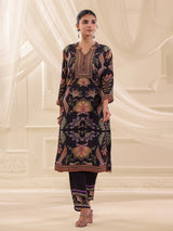 Black viscose crepe printed yoke style kurti set