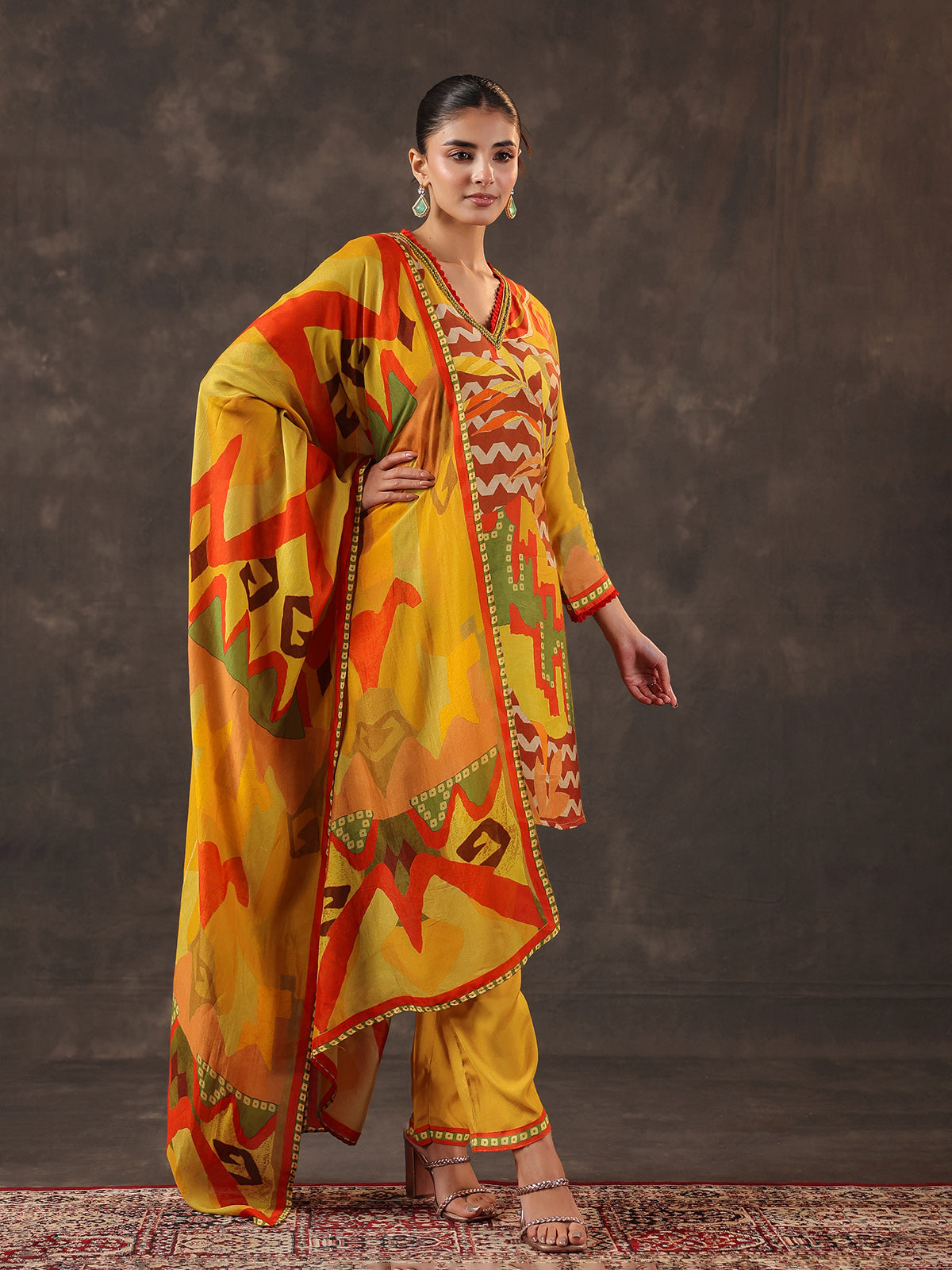 Yellow muslin silk printed kurti set with dupatta
