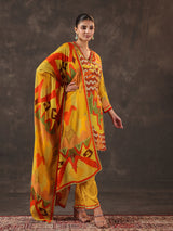 Yellow muslin silk printed kurti set with dupatta