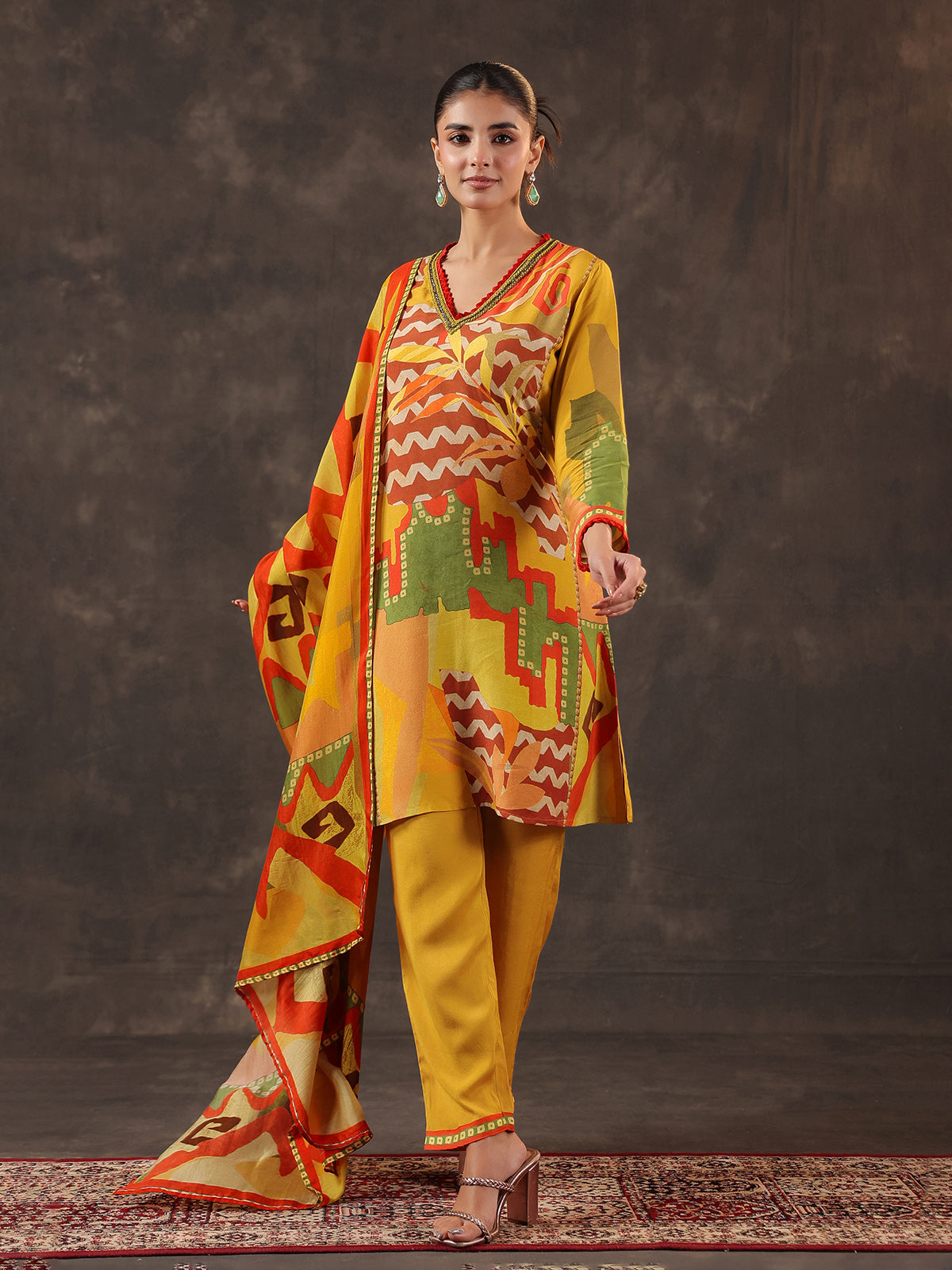 Yellow muslin silk printed kurti set with dupatta