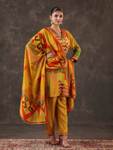 Yellow muslin silk printed kurti set with dupatta