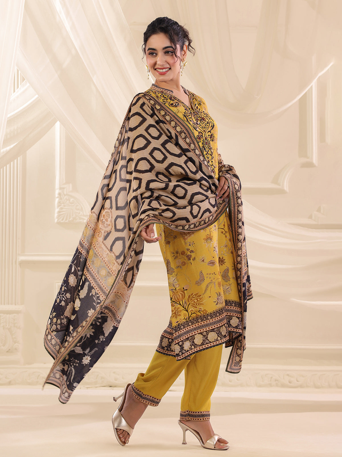Mehendi yellow dola silk printed kurti set