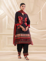 Black russian silk printed kurti set with dupatta