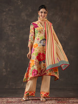 Cream viscose crepe printed kurti set with dupatta for women