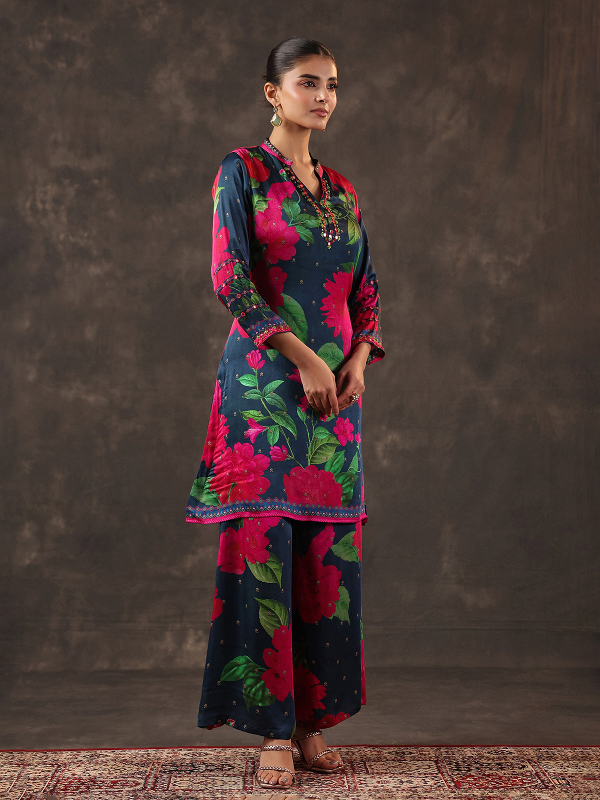 Blue modal satin floral printed kurti set
