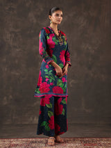 Blue modal satin floral printed kurti set