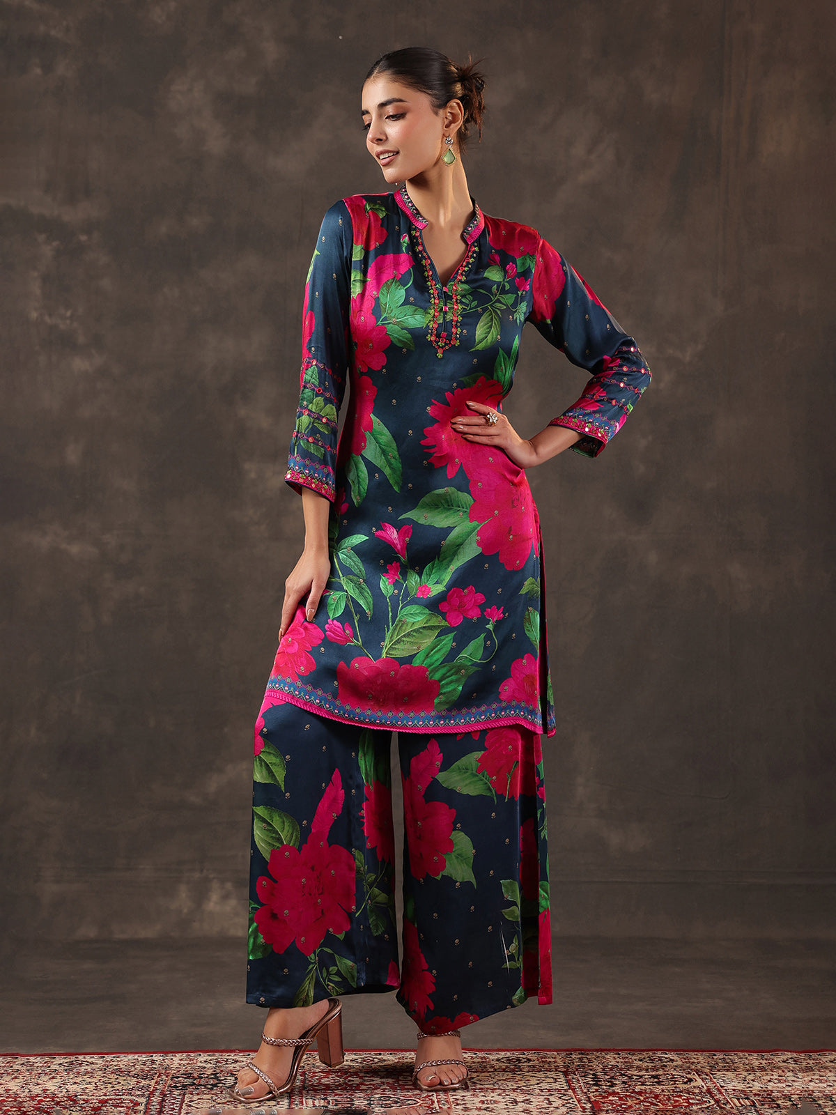 Blue modal satin floral printed kurti set