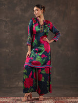 Blue modal satin floral printed kurti set