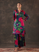 Blue modal satin floral printed kurti set
