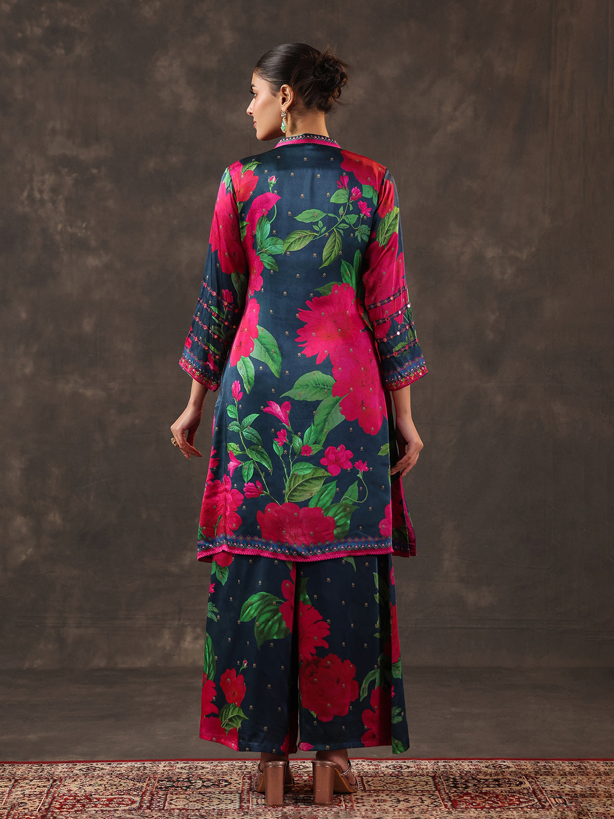Blue modal satin floral printed kurti set