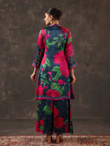 Blue modal satin floral printed kurti set