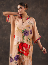 Cream viscose crepe floral printed designer kurti set