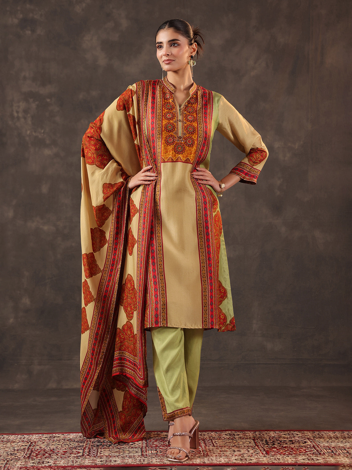 Light green russian silk printed yoke style kurti set