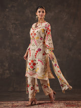 Beige russian silk floral printed kurti set with dupatta