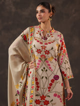 Beige russian silk floral printed kurti set with dupatta
