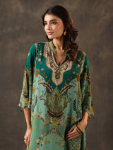 Green viscose crepe printed kurti dhoti traditional festive set