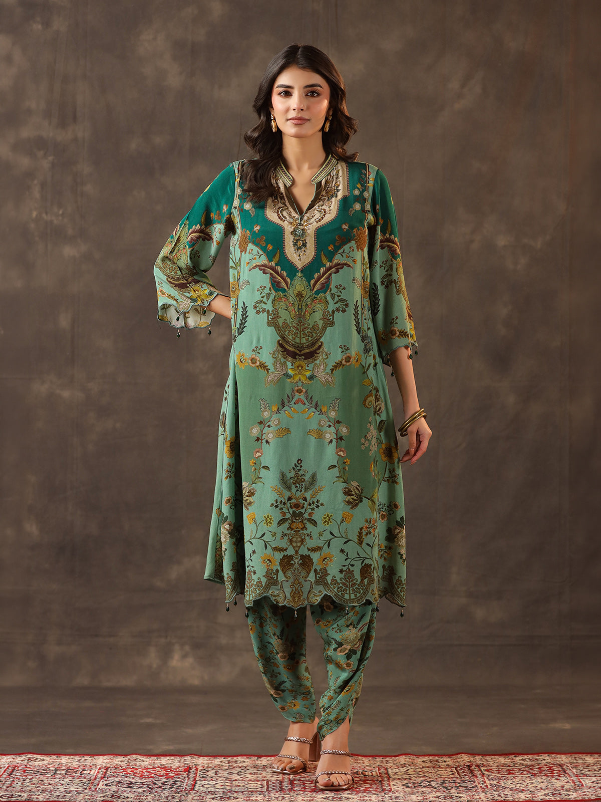 Green viscose crepe printed kurti dhoti traditional festive set