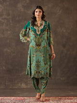 Green viscose crepe printed kurti dhoti traditional festive set