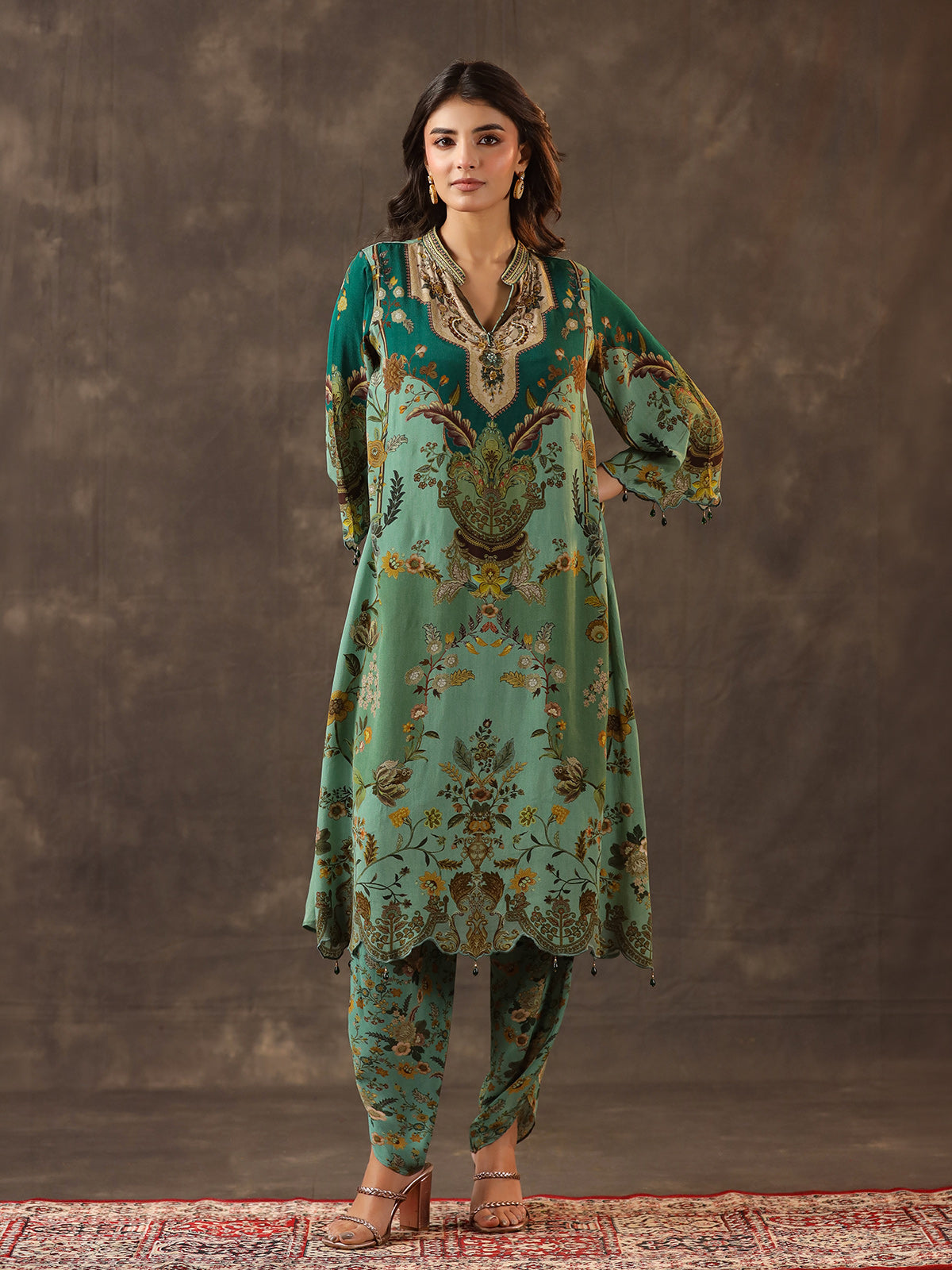 Green viscose crepe printed kurti dhoti traditional festive set
