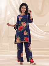 Blue viscose crepe printed kurti palazzo festive set
