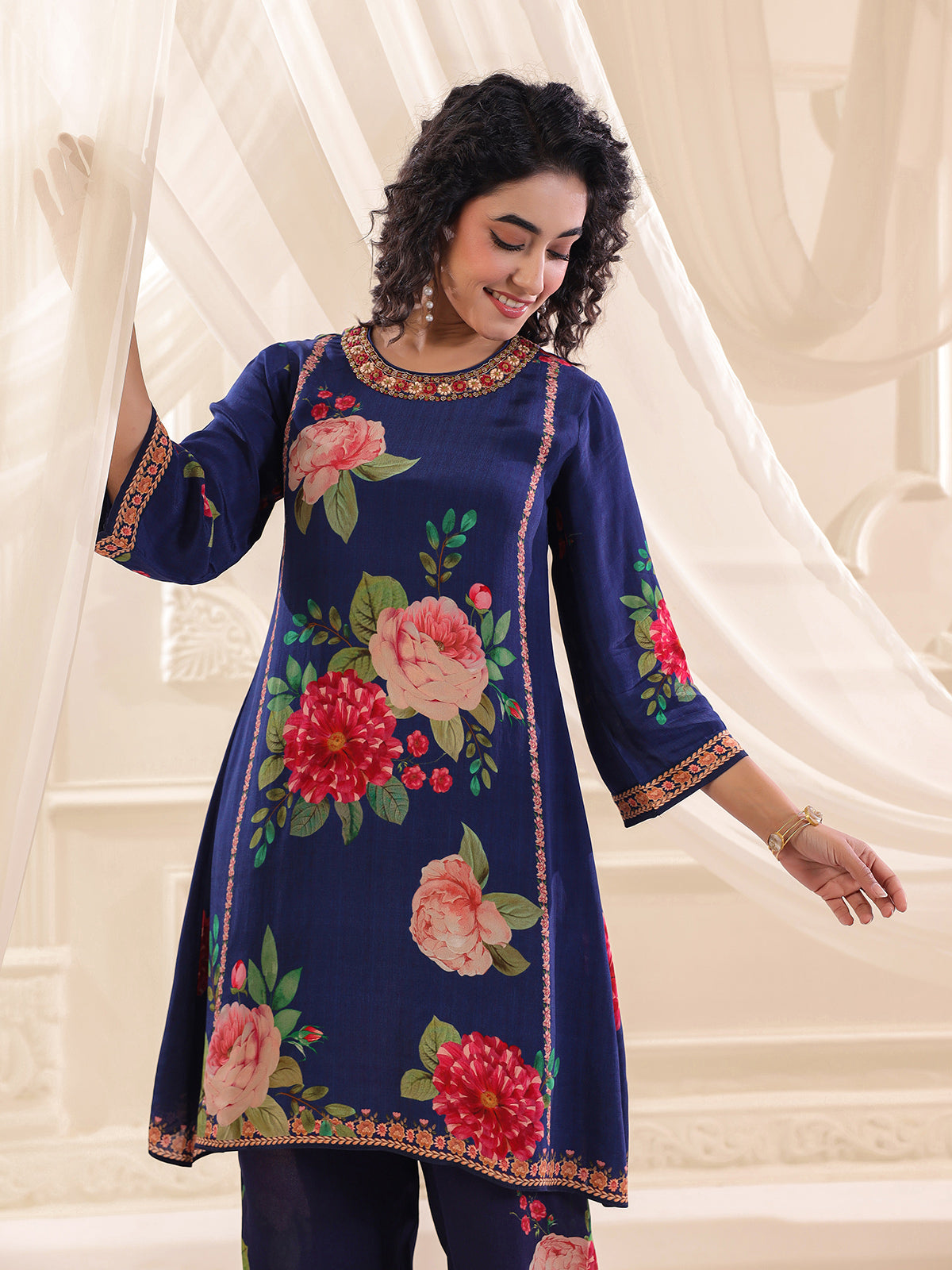 Blue viscose crepe printed kurti palazzo festive set