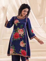 Blue viscose crepe printed kurti palazzo festive set