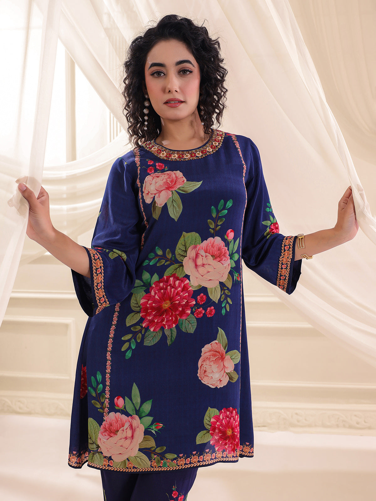 Blue viscose crepe printed kurti palazzo festive set