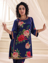 Blue viscose crepe printed kurti palazzo festive set