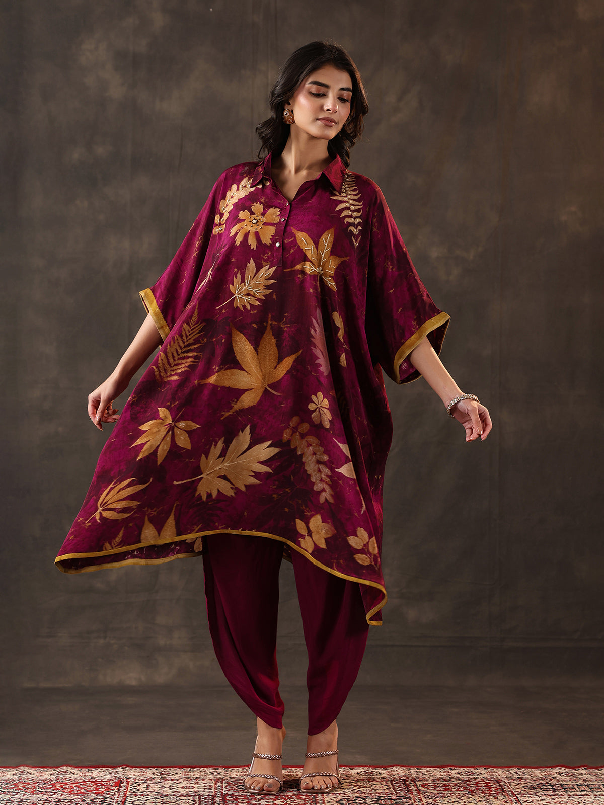 Wine viscose crepe printed kurti dhoti festive set