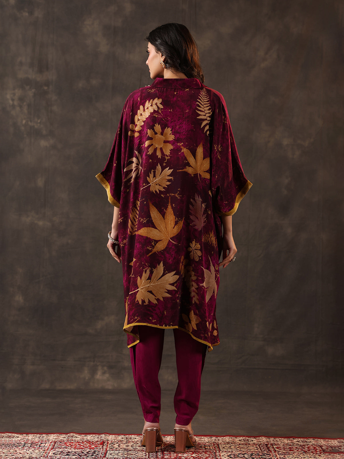 Wine viscose crepe printed kurti dhoti festive set