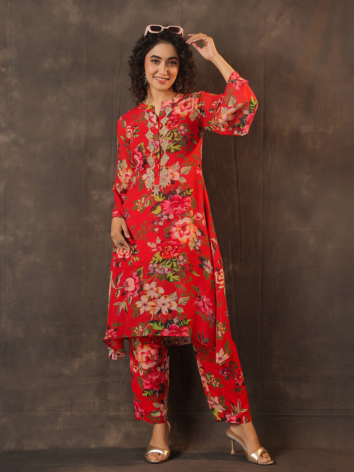 Red viscose georgette floral printed kurti set