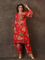 Red viscose georgette floral printed kurti set