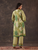 Pista green viscose crepe printed kurti set