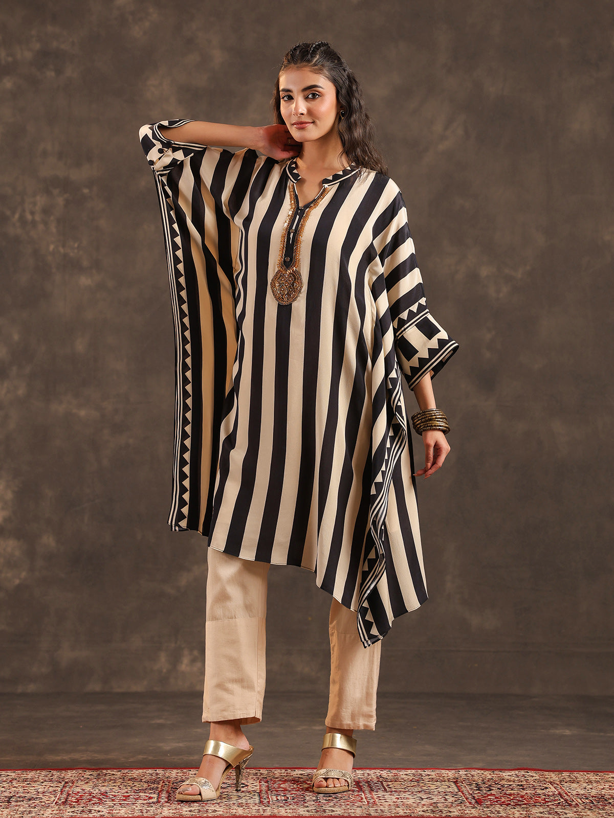 Beige black viscose crepe striped kaftan style kurti set