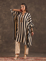 Beige black viscose crepe striped kaftan style kurti set