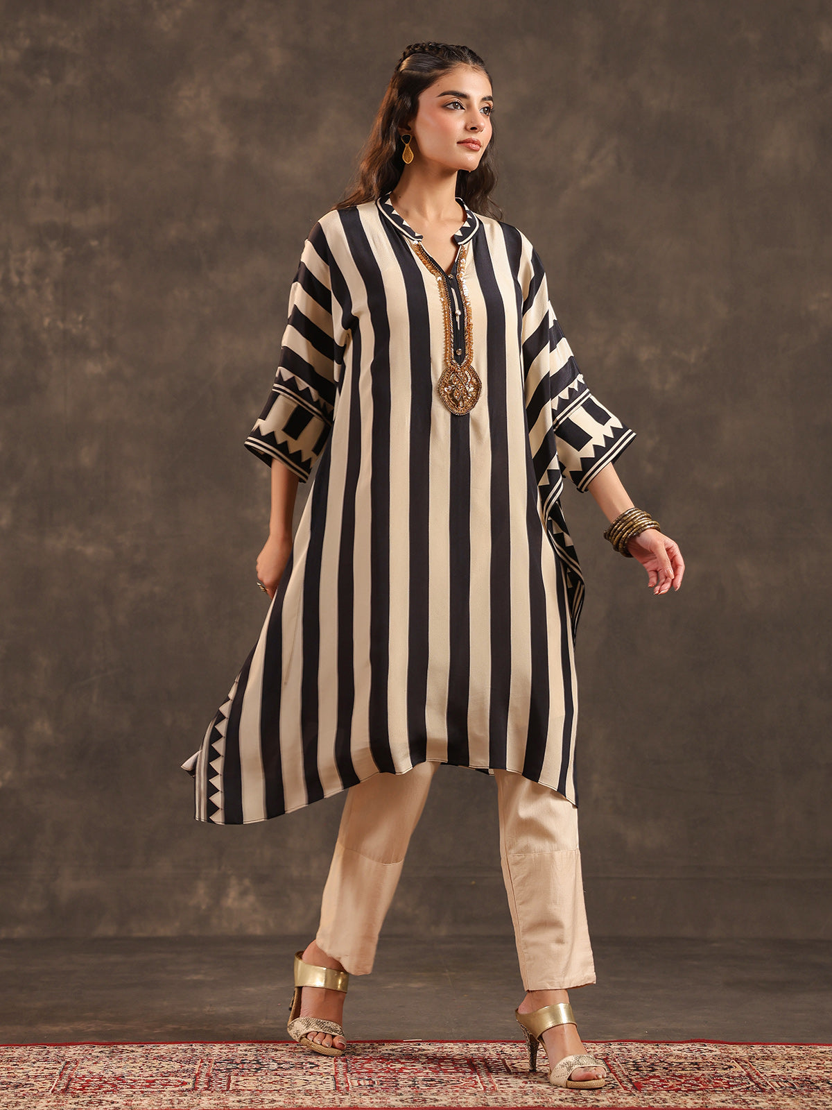 Beige black viscose crepe striped kaftan style kurti set