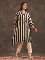 Beige black viscose crepe striped kaftan style kurti set